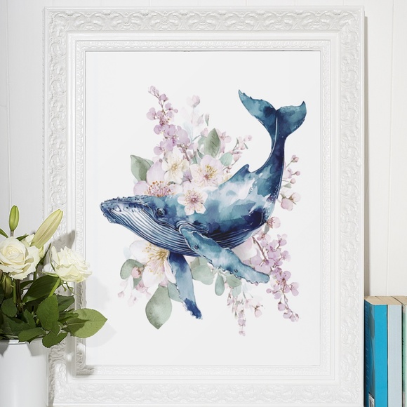 Watercolor Floral Humpback Whale Portrait Wall Art Illustration Print Unframed - Picture 5 of 6